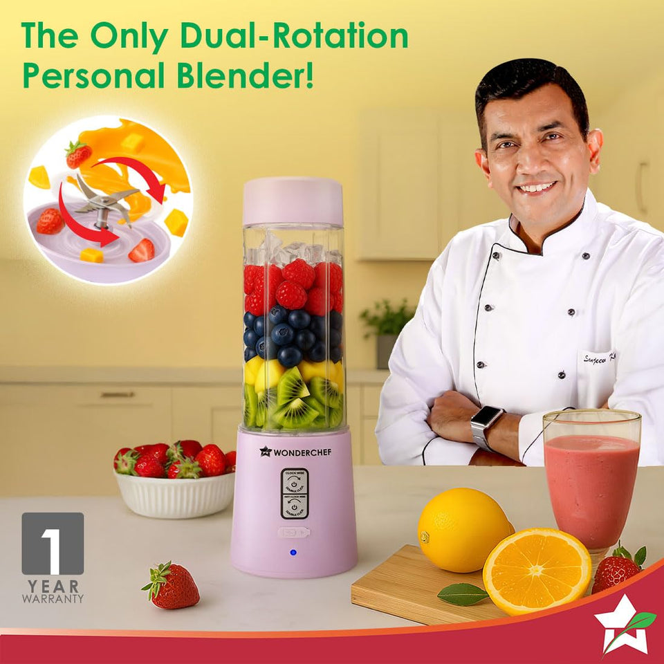 Wonderchef Twister 63155201 dual-rotation personal blender on a kitchen counter with fruit, a smoothie and a 1 year warranty badge
