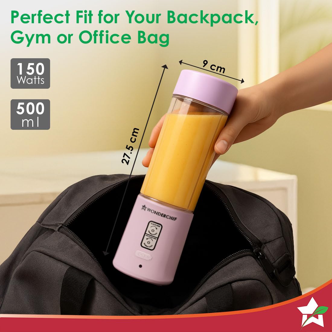 Hand placing the Wonderchef Twister 63155201 blender filled with juice into a gym bag, with 150 W, 500 ml and size callouts