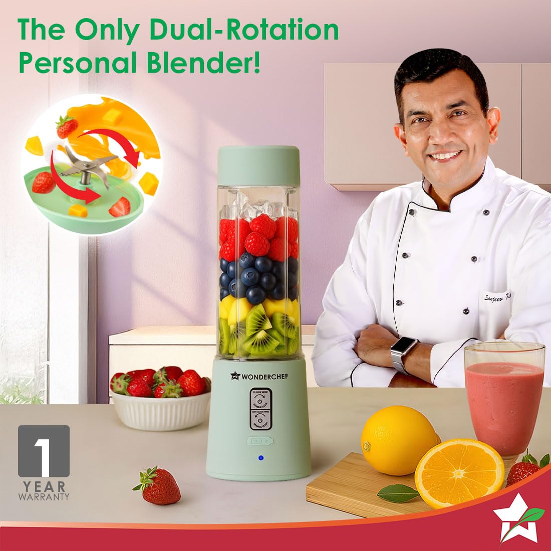 Wonderchef Twister 63155202 blender on a kitchen counter with a dual-rotation blade graphic, a smoothie glass, fruit and a 1 year warranty badge