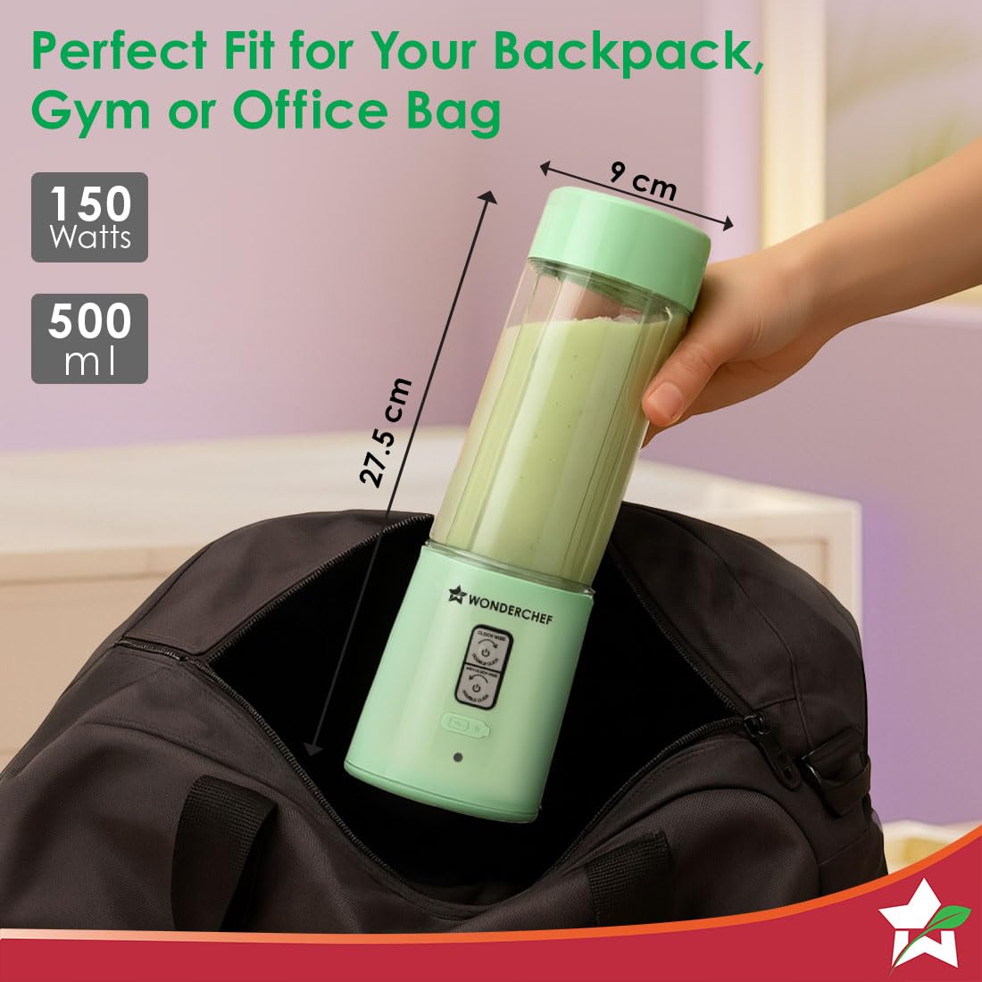 Hand placing the Wonderchef Twister 63155202 blender into a gym bag, showing 150 W, 500 ml, 27.5 cm height and 9 cm width