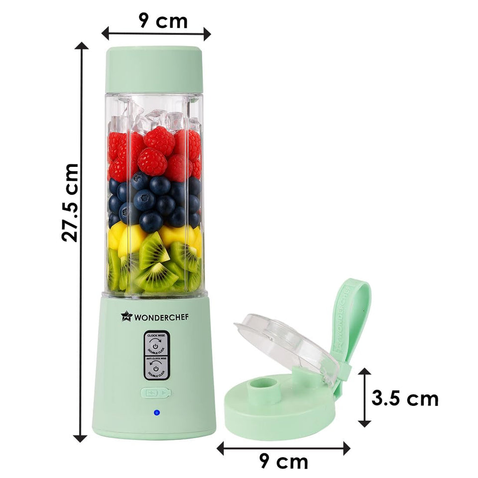 Wonderchef Twister 63155202 portable blender with dimension markings: 9 cm width, 27.5 cm height, and a lid 9 cm wide and 3.5 cm high