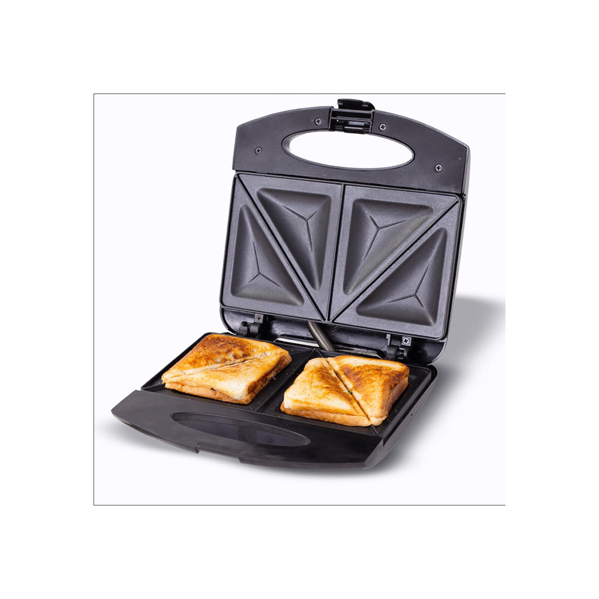 Wonderchef Acura Plus sandwich maker open showing non-stick triangular plates and two toasted sandwiches