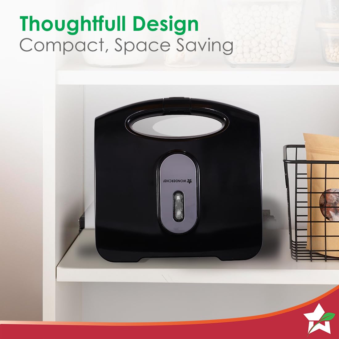 Wonderchef Acura Plus sandwich maker stored upright on a kitchen shelf showing its compact design