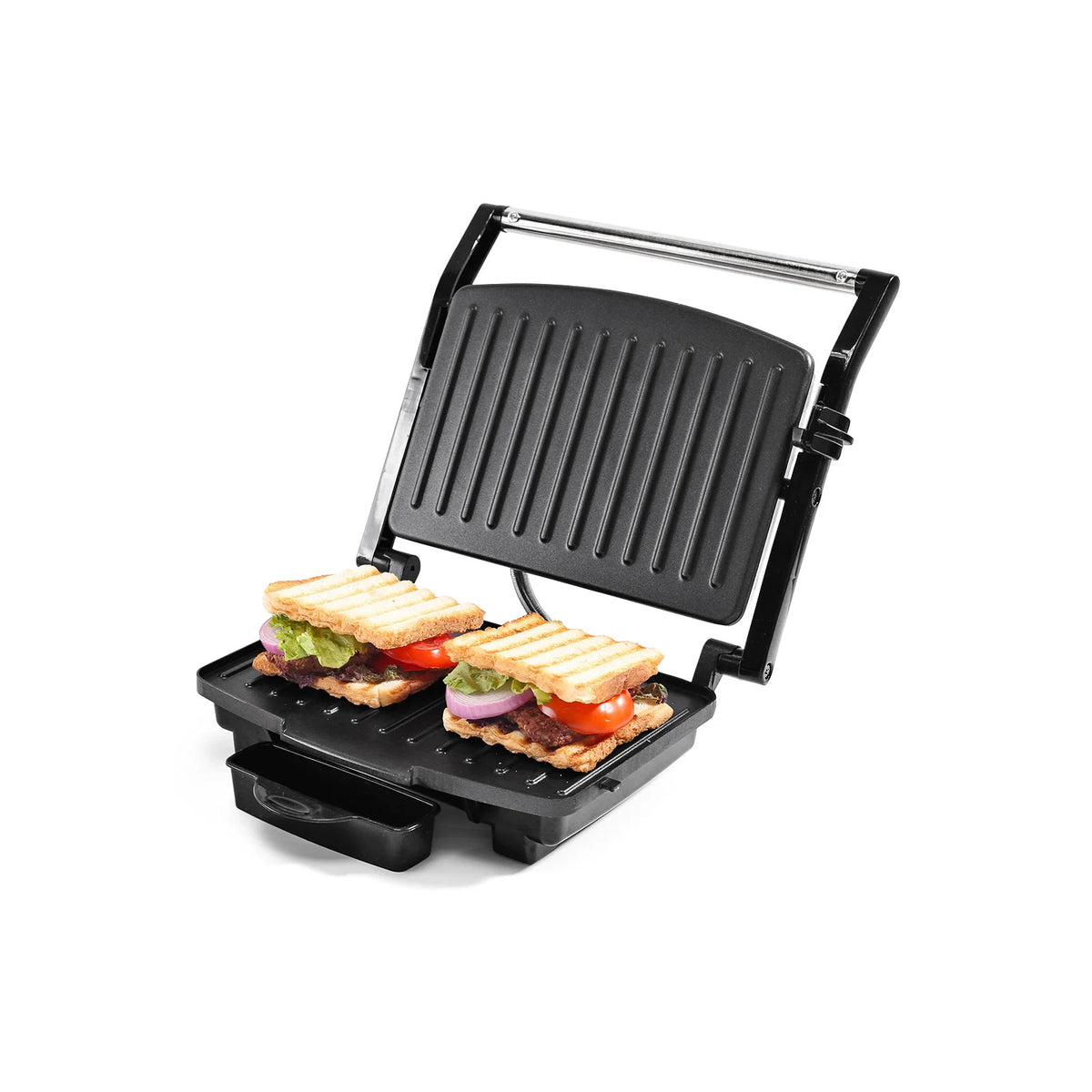 Wonderchef Essenza Contact Grill Mini 400W open with two grilled sandwiches on the lower plate and a drip tray at the front