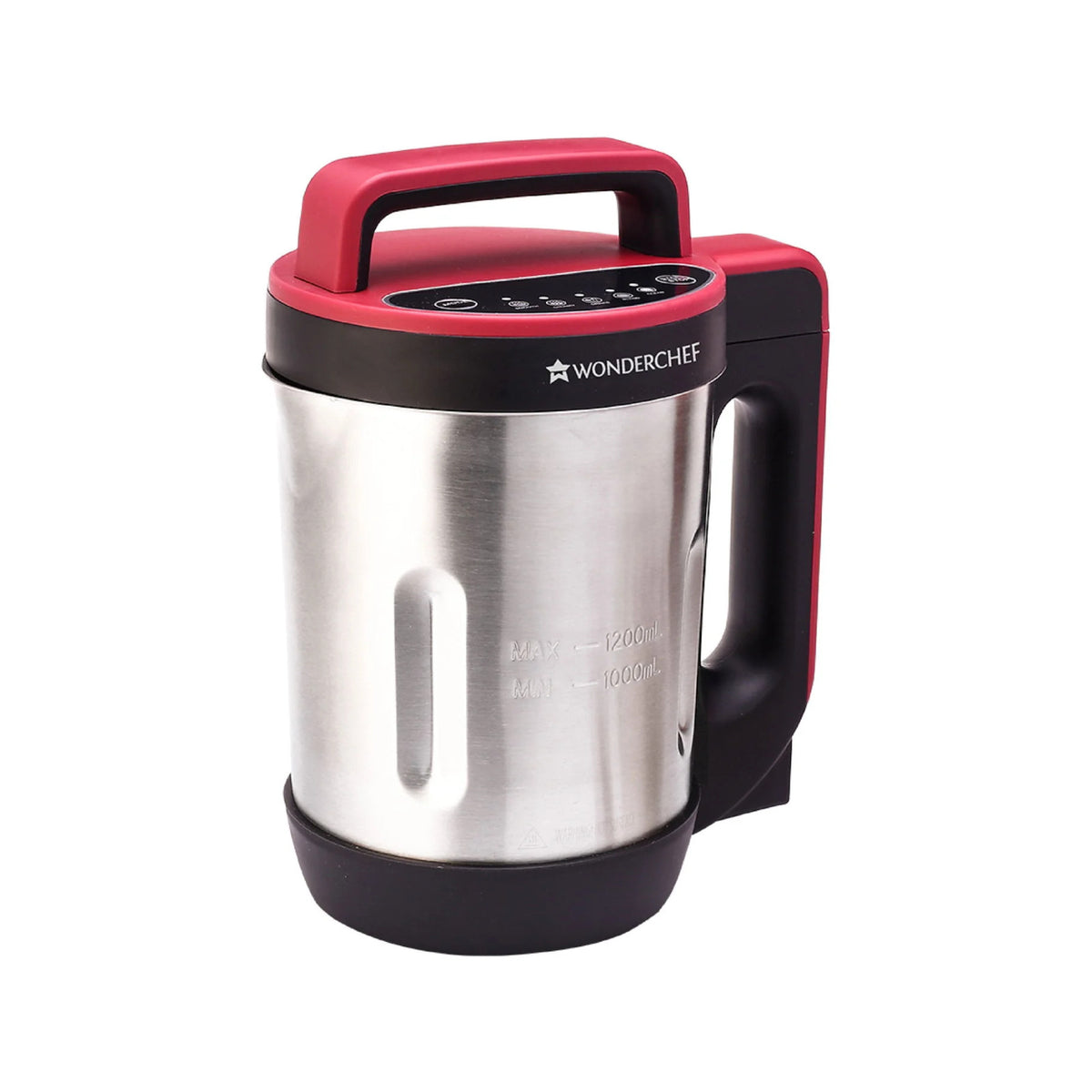 Wonderchef Neo 63154858 red soup maker with stainless steel jug, touch panel lid and MIN/MAX markings