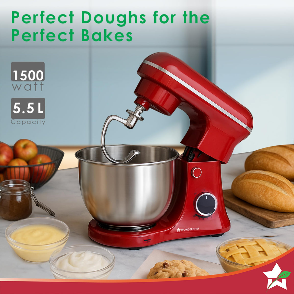 Wonderchef 63155128 Regalia Neo red stand mixer on a kitchen counter with bakes, labelled 1500 watt and 5.5 L capacity