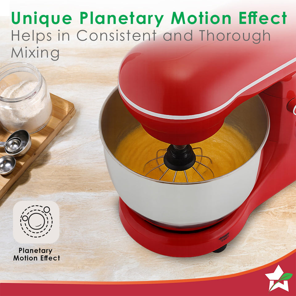Wonderchef 63155128 Regalia Neo stand mixer whisking batter in its steel bowl with a planetary motion effect graphic