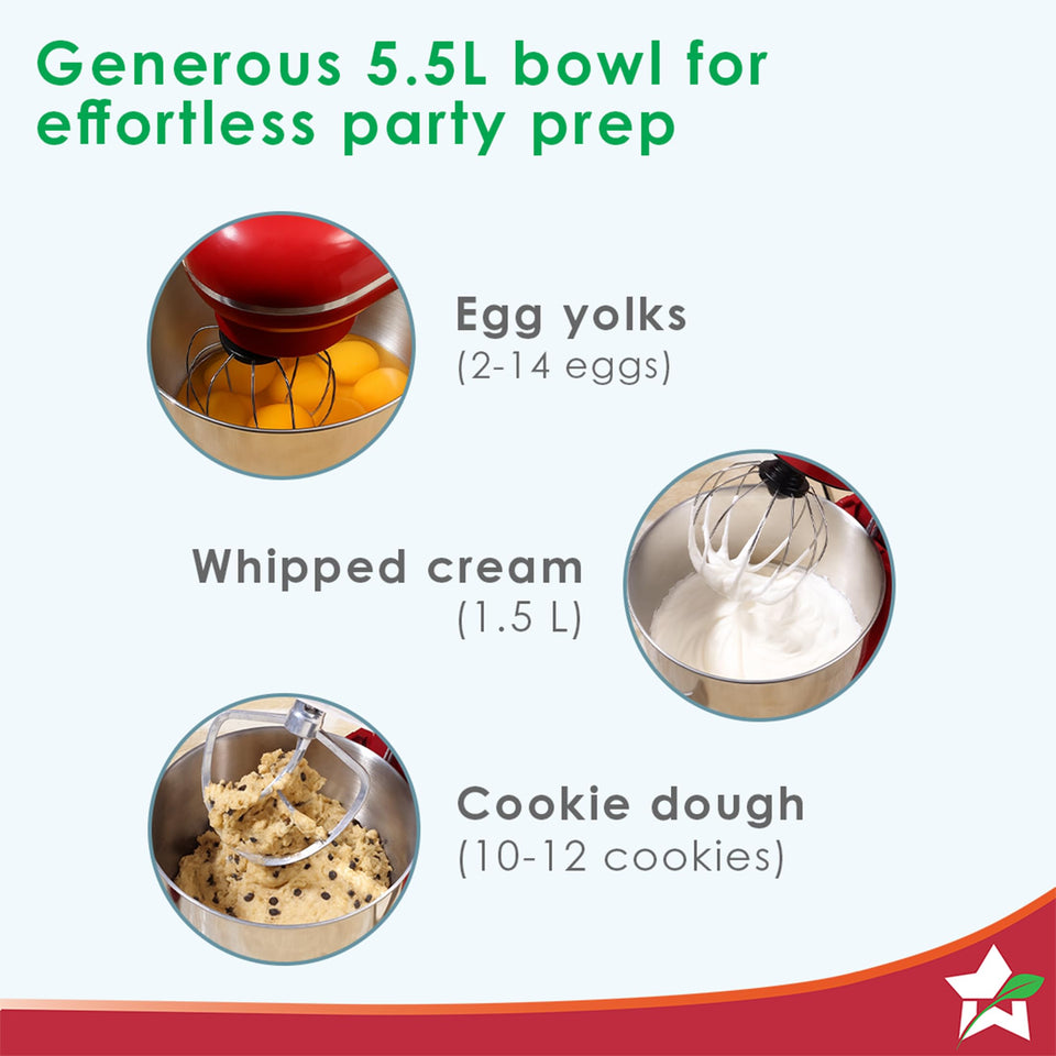 Wonderchef 63155128 Regalia Neo 5.5 L bowl capacity examples for egg yolks, whipped cream and cookie dough