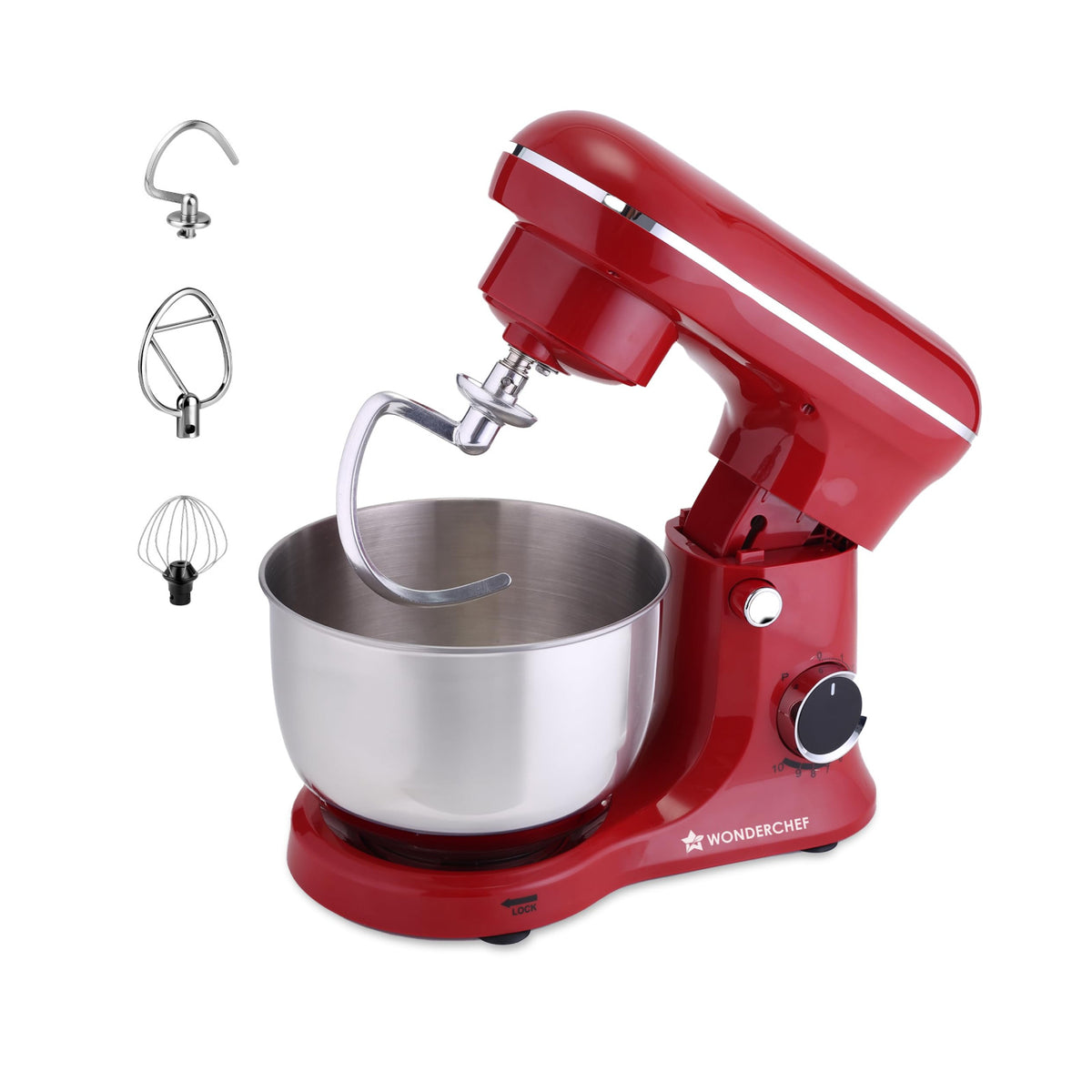 Wonderchef 63155128 Regalia Neo red stand mixer with steel bowl, dough hook fitted and beater, dough hook and whisk shown alongside