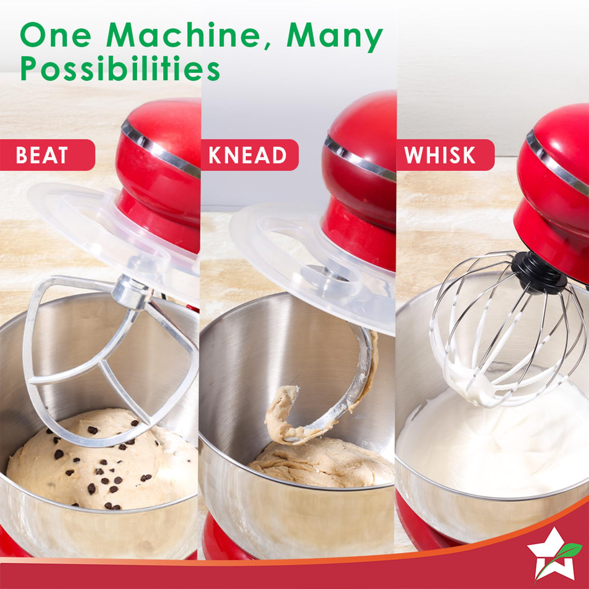 Wonderchef 63155128 Regalia Neo stand mixer shown beating cookie dough, kneading dough and whisking cream