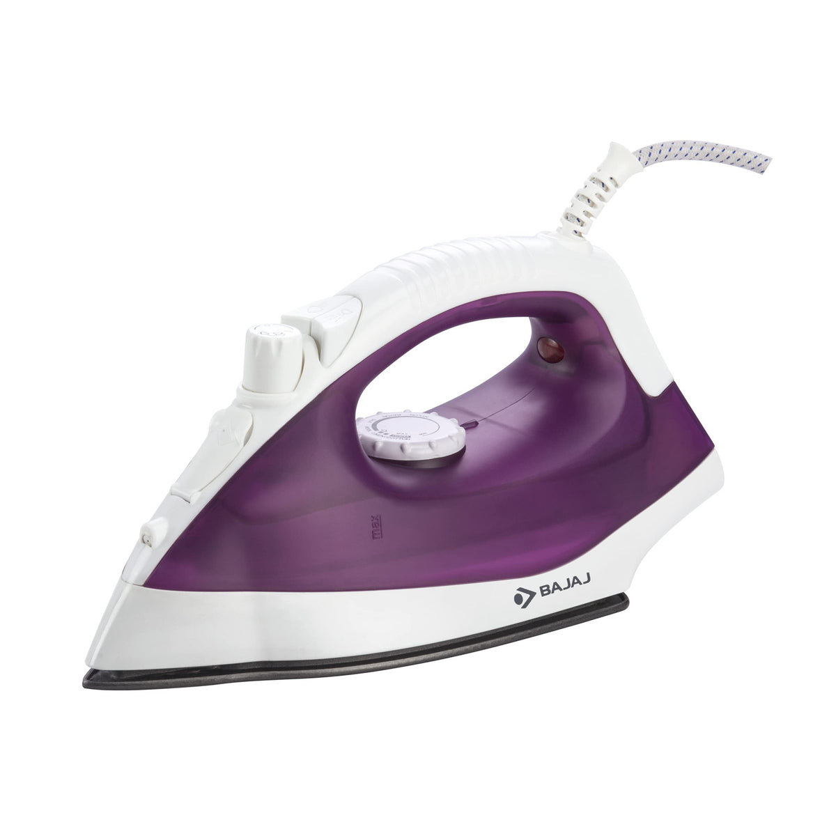 Bajaj MX 16 steam iron in purple and white with the Bajaj logo, temperature dial and fabric-covered cord