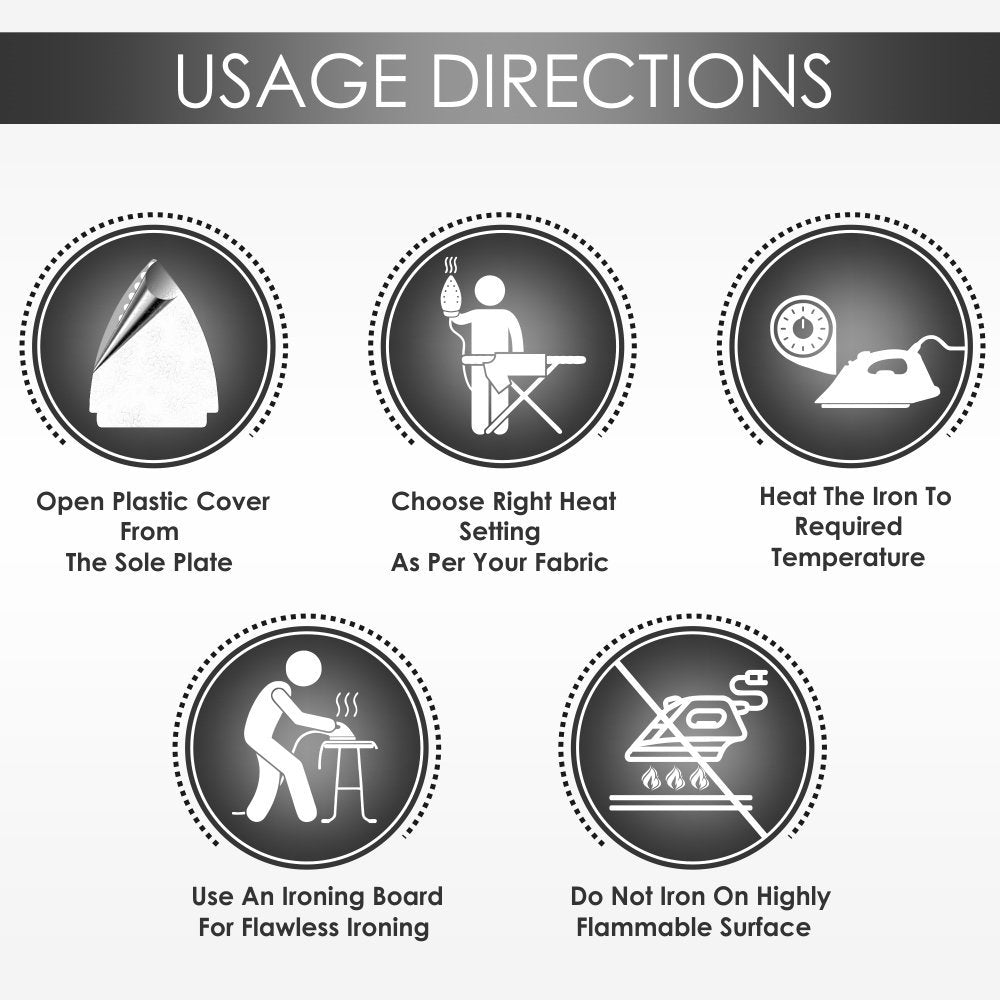 Usage directions graphic for the Bajaj MX 16 steam iron showing five steps and safety guidance