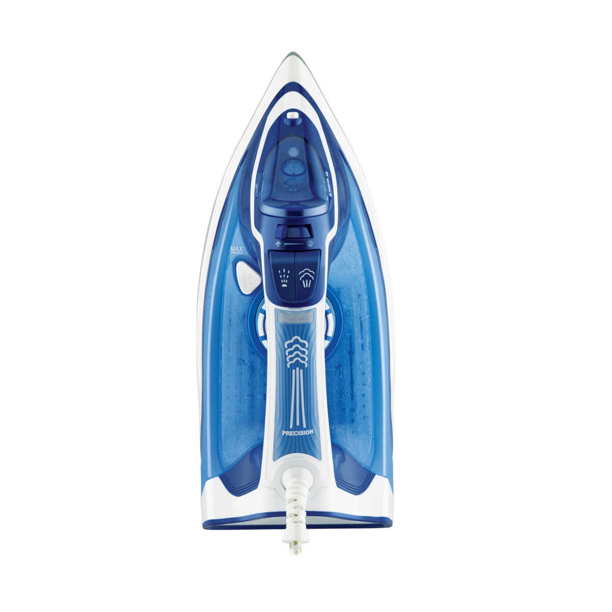 Top view of the Bajaj MX40C steam iron in blue and white showing steam and spray buttons and the self-clean button