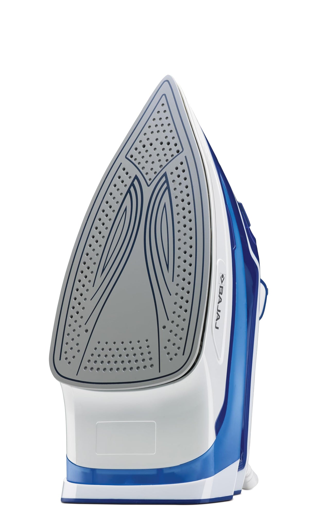 Bajaj MX40C steam iron standing upright showing the perforated grey ceramic soleplate