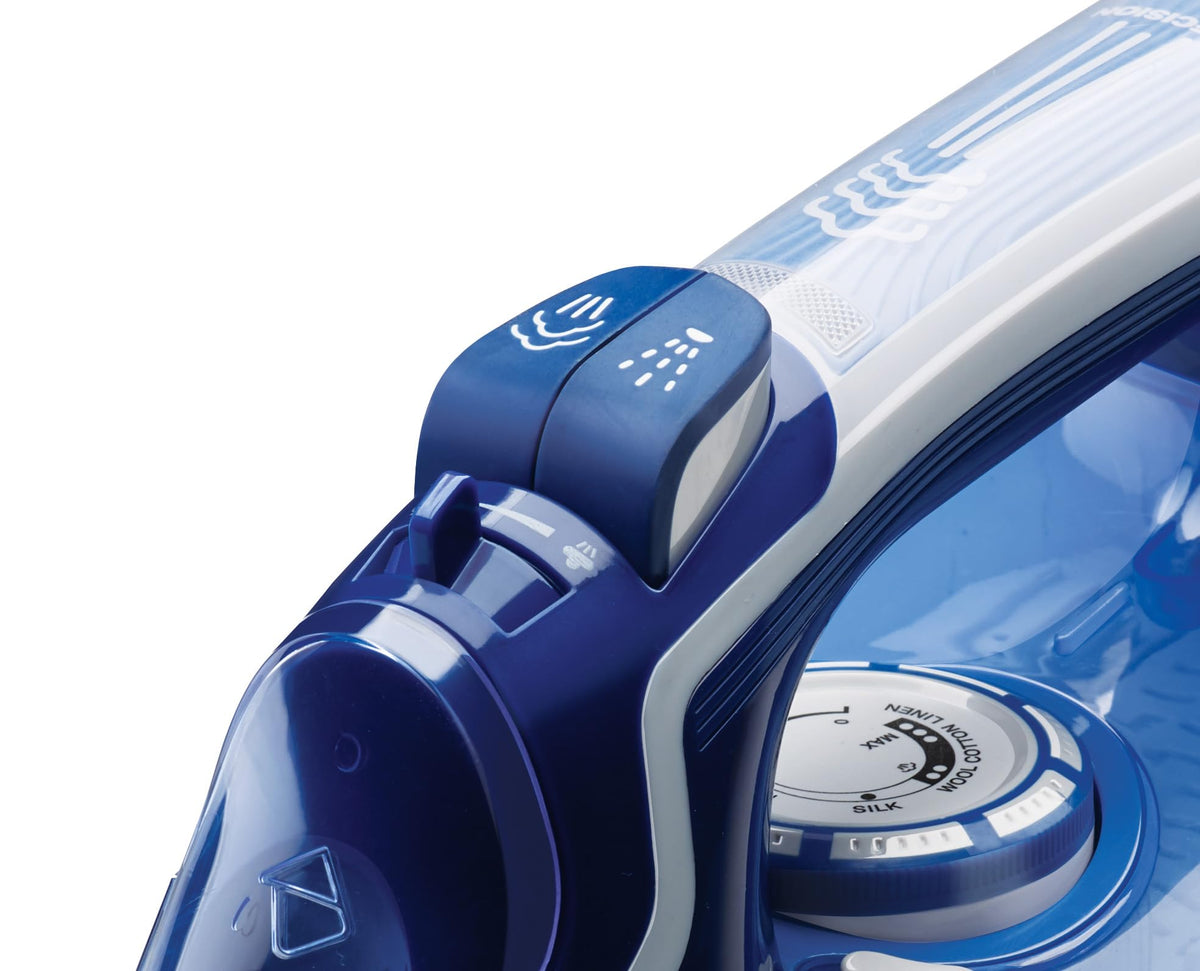 Close-up of the Bajaj MX40C steam burst and spray buttons, steam control slider and fabric temperature dial