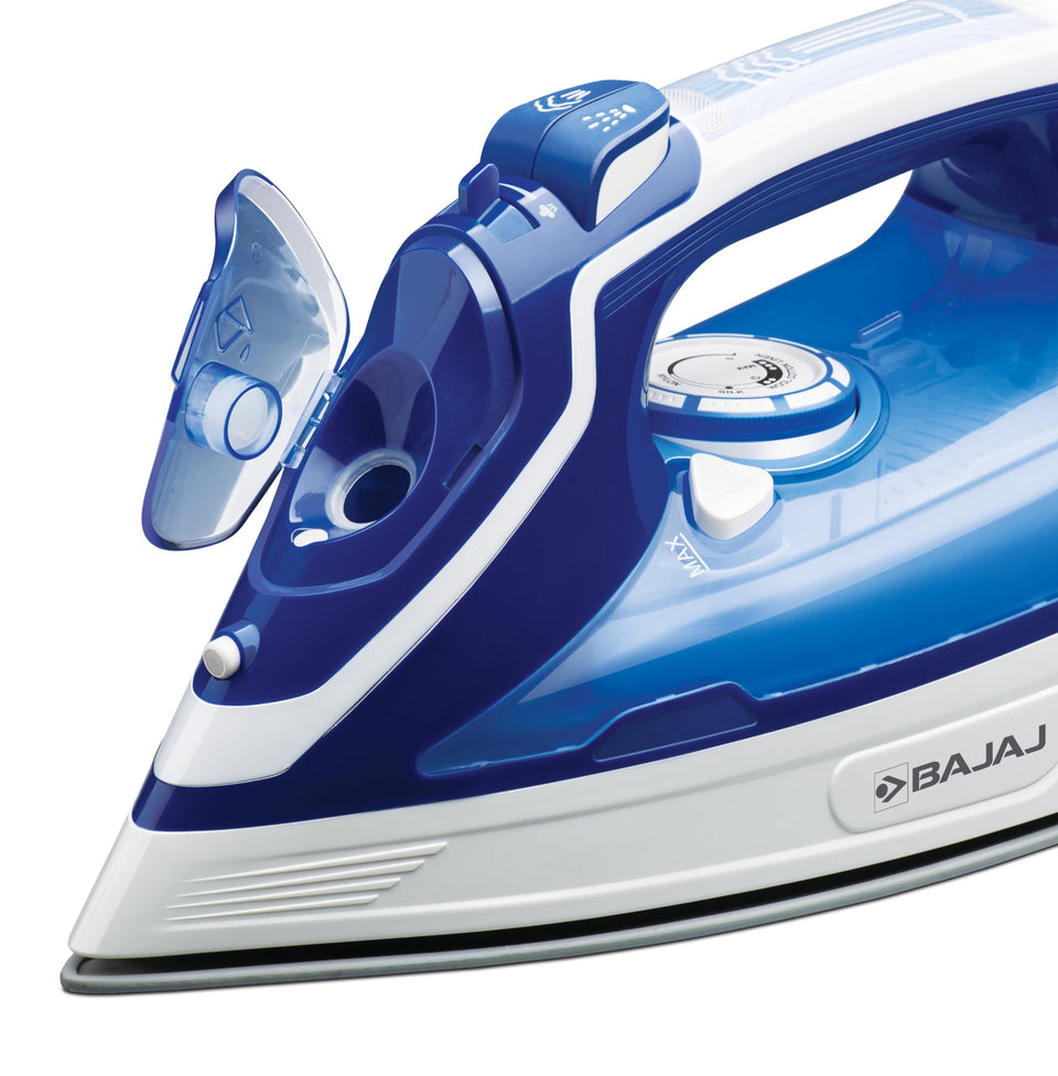 Close-up of the Bajaj MX40C steam iron with the water filling flap open beside the temperature dial
