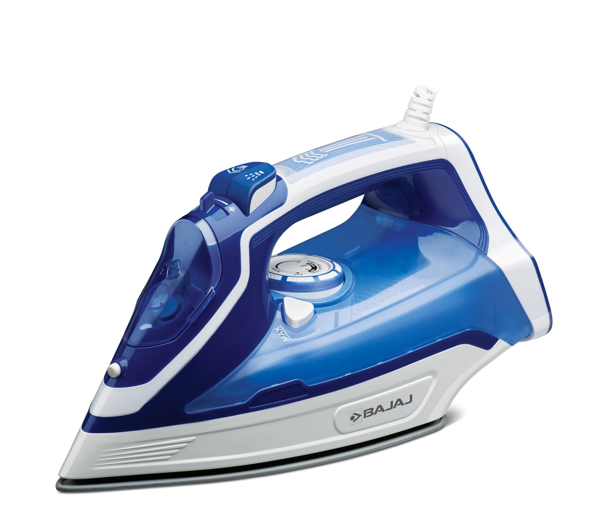 Three-quarter view of the Bajaj MX40C blue steam iron with water tank, dial and swivel cord