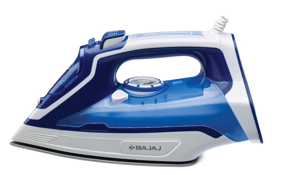 Side view of the Bajaj MX40C steam iron showing the Bajaj logo, handle and temperature dial