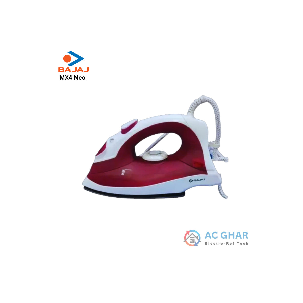 Bajaj MX4 Neo 1250 W steam iron in red and white, side view with power cord and MAX water level marking