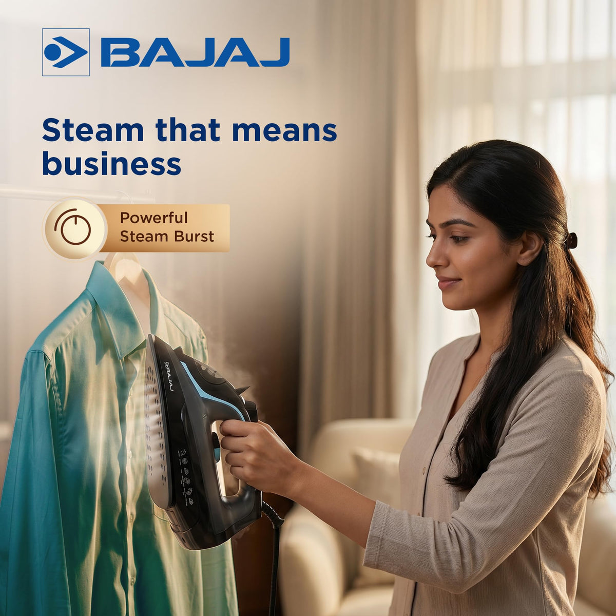 Woman using the Bajaj MX 45 steam iron for a steam burst on a hanging shirt