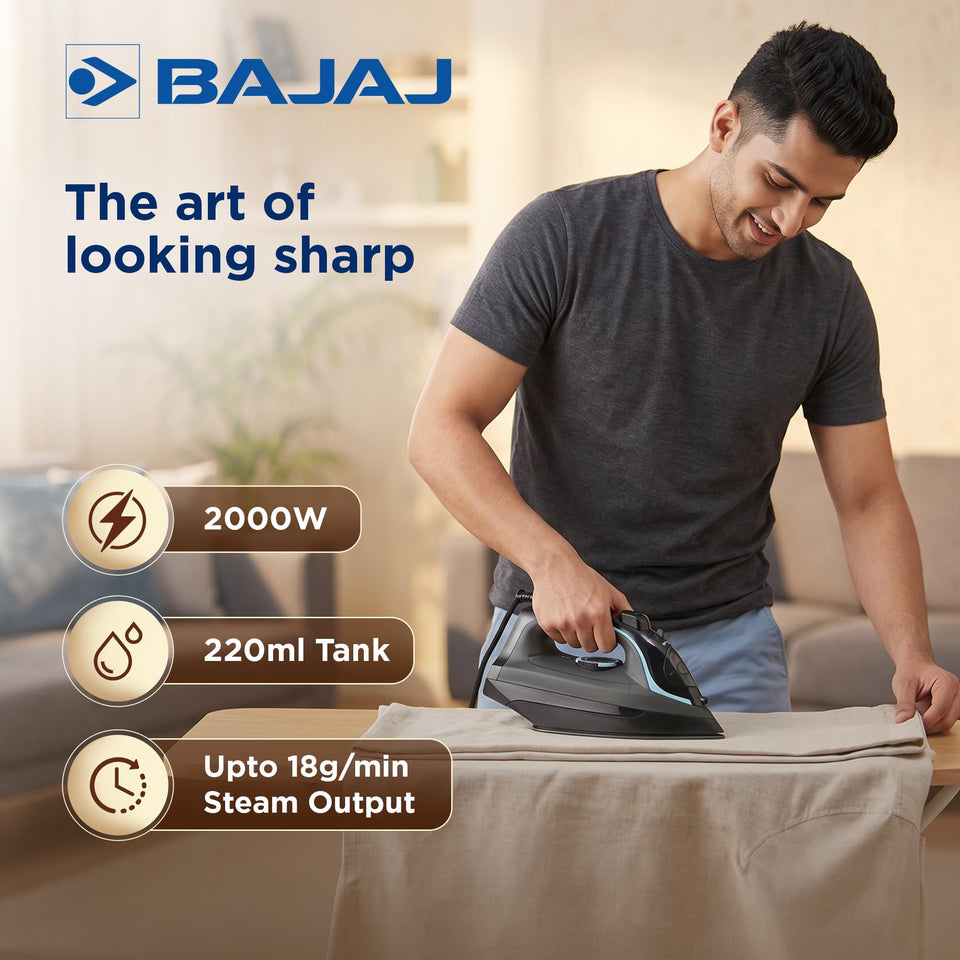Bajaj MX 45 steam iron in use on an ironing board with 2000W, 220ml tank and up to 18g/min steam output callouts