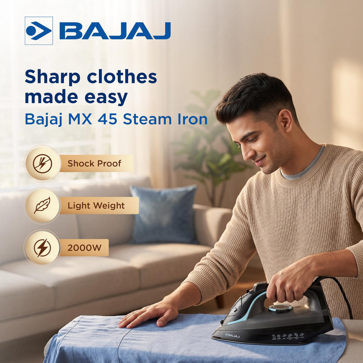 Man ironing a shirt with the Bajaj MX 45 steam iron, with shock proof, light weight and 2000W callouts
