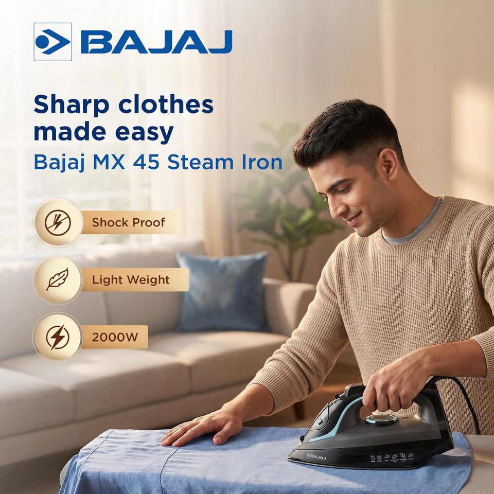 Man ironing a shirt with the Bajaj MX 45 steam iron, with shock proof, light weight and 2000W callouts