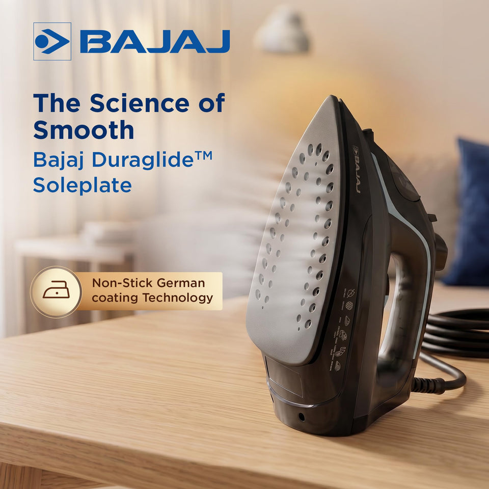 Bajaj MX 45 iron standing upright showing the Duraglide non-stick soleplate with steam holes