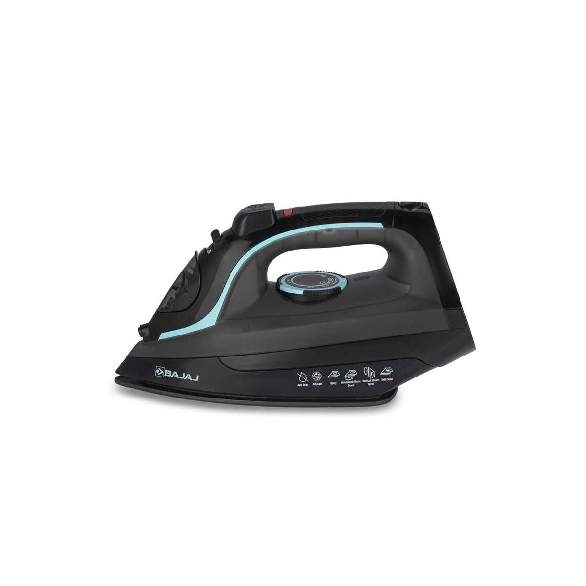 Bajaj MX 45 steam iron in black and teal, side view on a white background