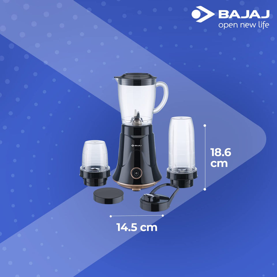 Bajaj NX-01 mixer grinder with three jars and lids on a blue background, showing 18.6 cm and 14.5 cm dimension markers