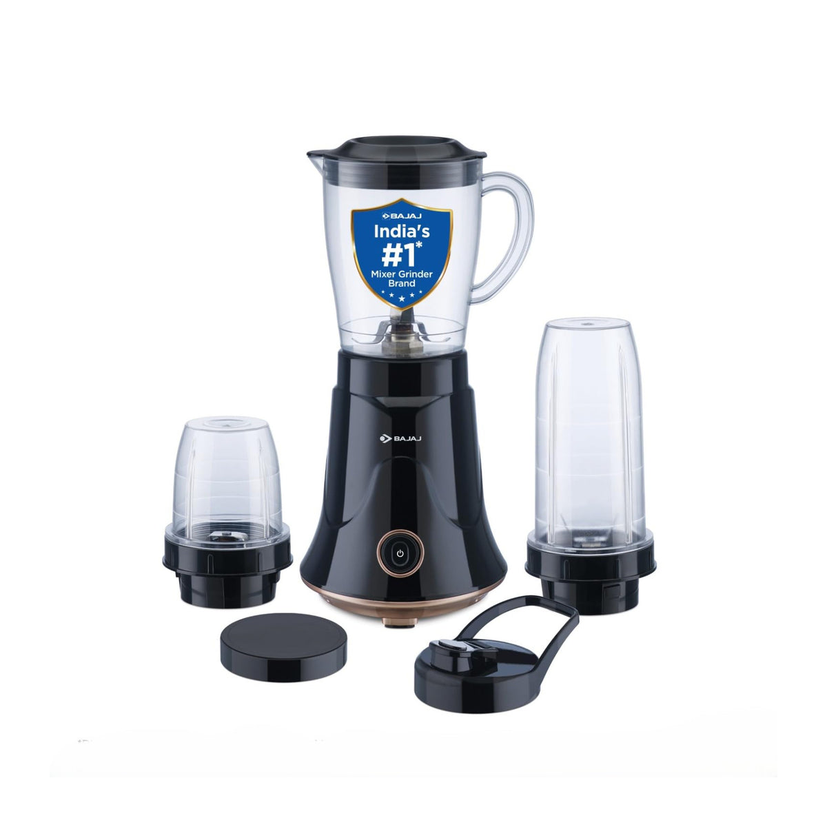 Bajaj NX-01 black and copper mixer grinder with 1 L liquidizing jar, two smaller jars, a jar lid and a carry lid
