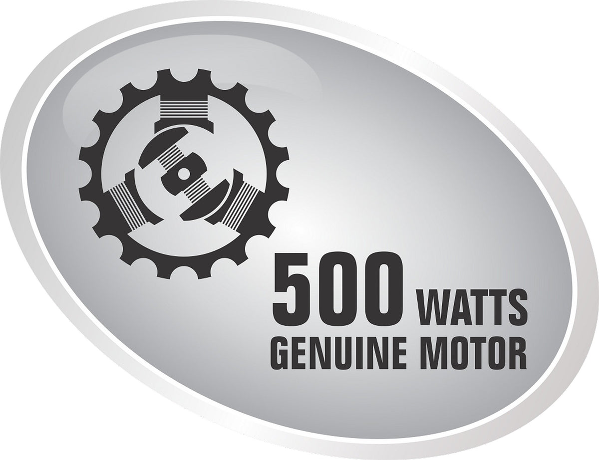 Badge showing the 500 watts genuine motor claim for the Bajaj Glory mixer grinder