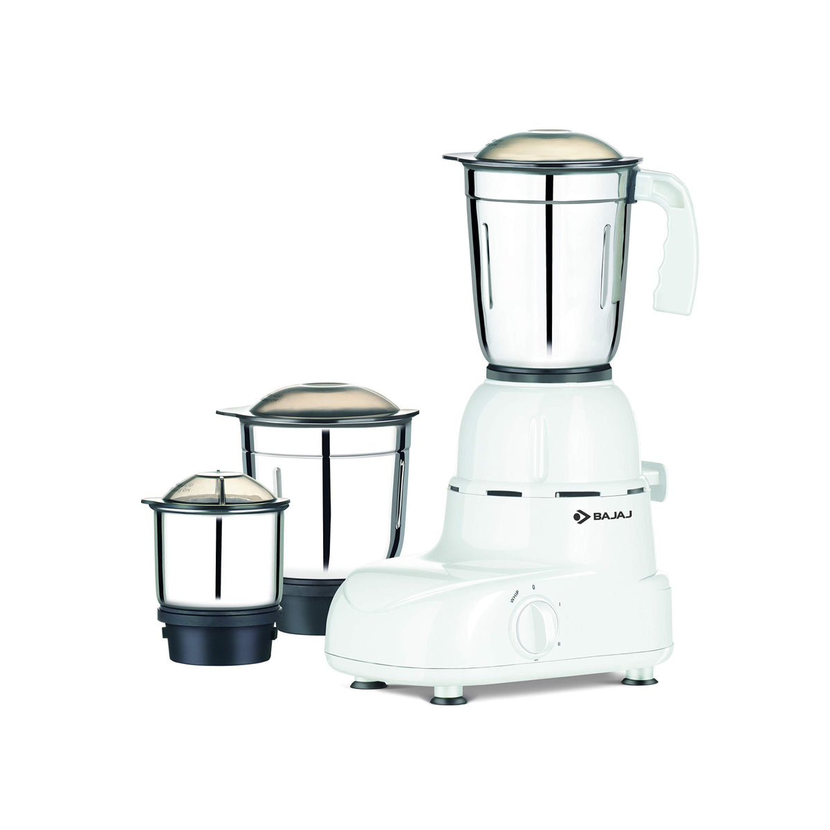 Bajaj Glory 500 W white mixer grinder with three stainless steel jars and lids beside the motor base