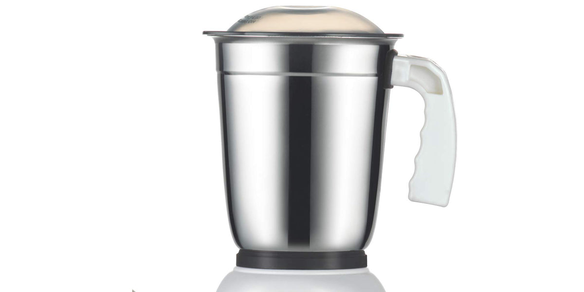 Bajaj Glory mixer grinder stainless steel jar with white handle and lid on the motor unit
