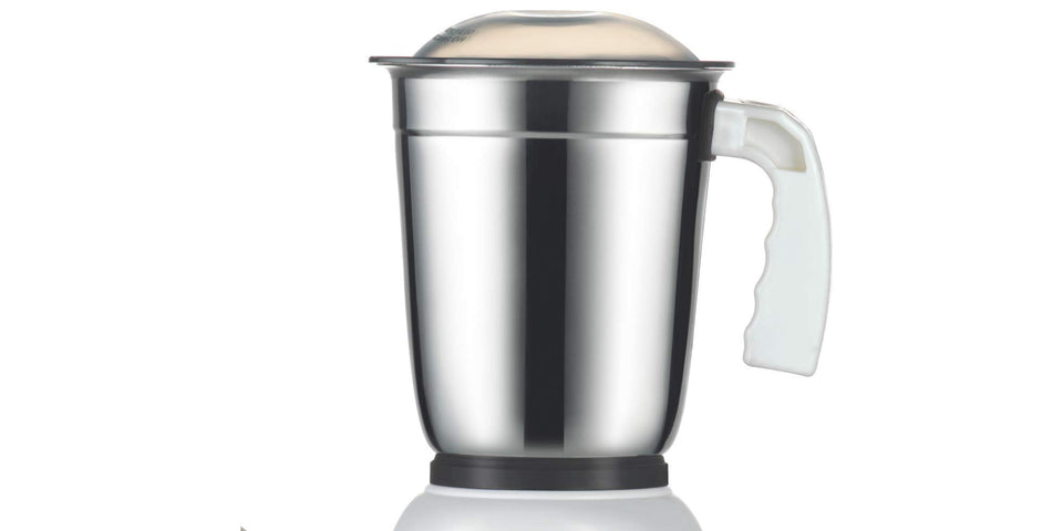 Bajaj Glory mixer grinder stainless steel jar with white handle and lid on the motor unit