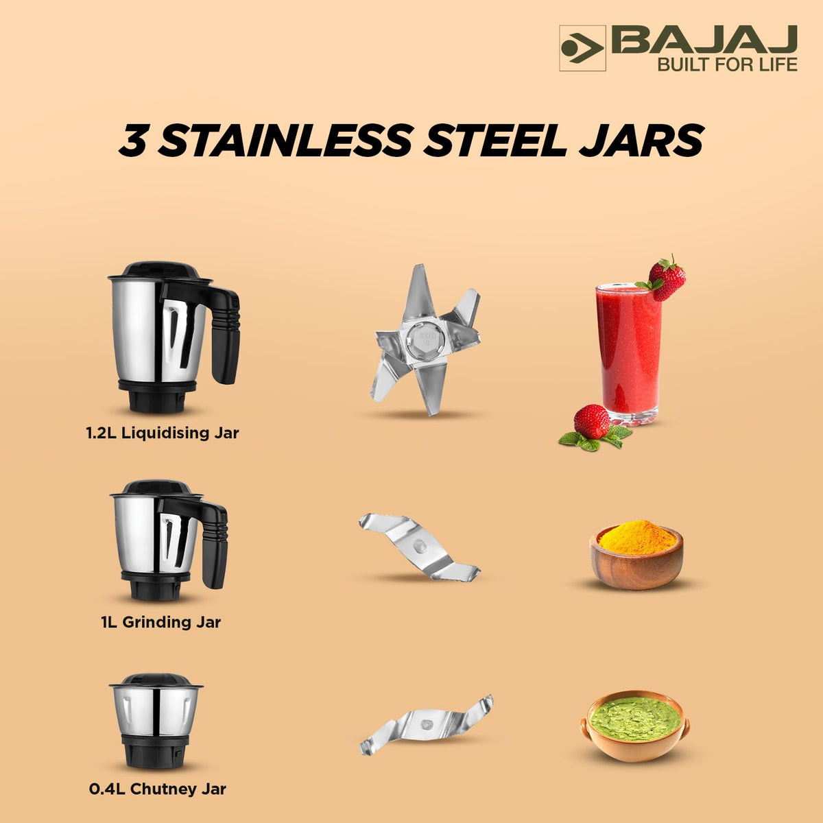Bajaj Military Series Finesse 750W three jars: 1.2 L liquidising, 1 L grinding and 0.4 L chutney, with their blades and sample foods
