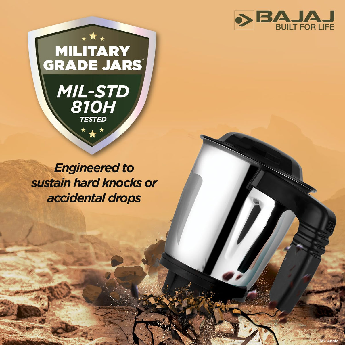 Bajaj Military Series Finesse mixer grinder stainless steel jar falling on rocky ground with Mil-STD-810H tested military grade jars badge
