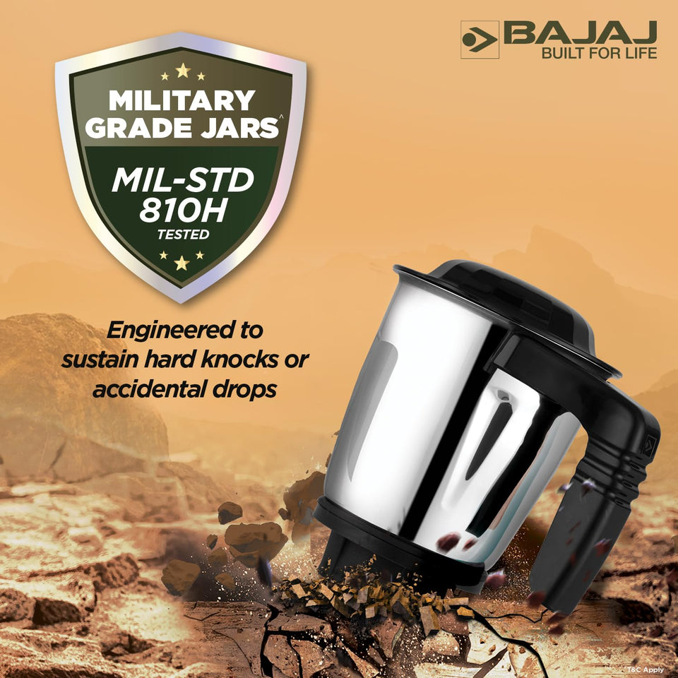 Bajaj Military Series Finesse mixer grinder stainless steel jar falling on rocky ground with Mil-STD-810H tested military grade jars badge