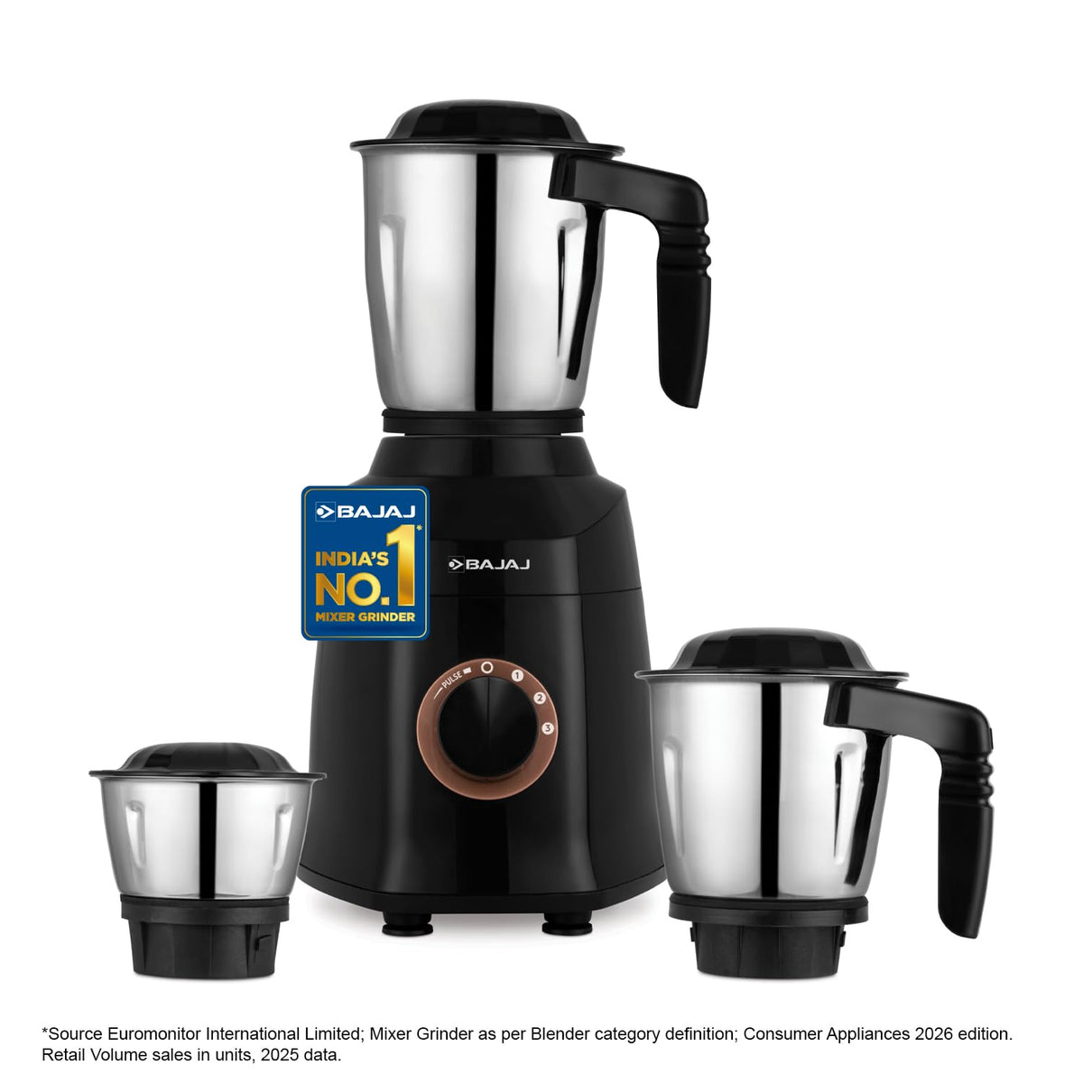 Bajaj Military Series Finesse 750W mixer grinder with its three jars and speed control knob with pulse setting, with India's No. 1 mixer grinder badge