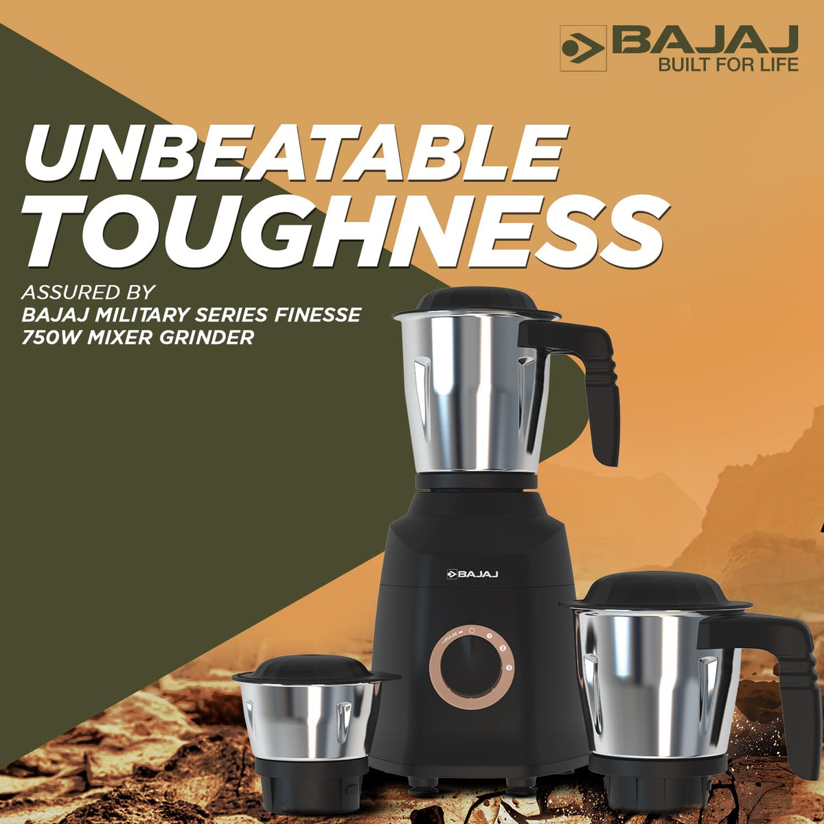 Bajaj Military Series Finesse 750W mixer grinder with three jars on a rugged desert-themed Unbeatable Toughness banner