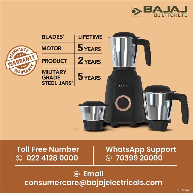 Bajaj Military Series Finesse 750W mixer grinder with warranty table for blades, motor, product and jars, plus customer care details