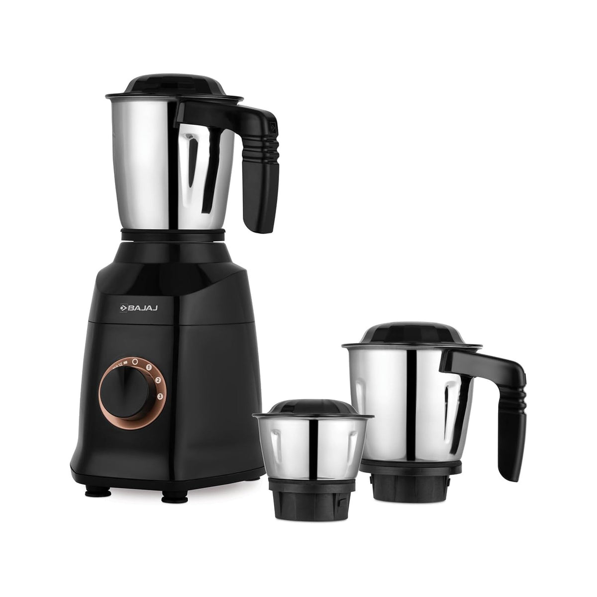 Bajaj Military Series Finesse 750W mixer grinder in black with three stainless steel jars placed beside the base