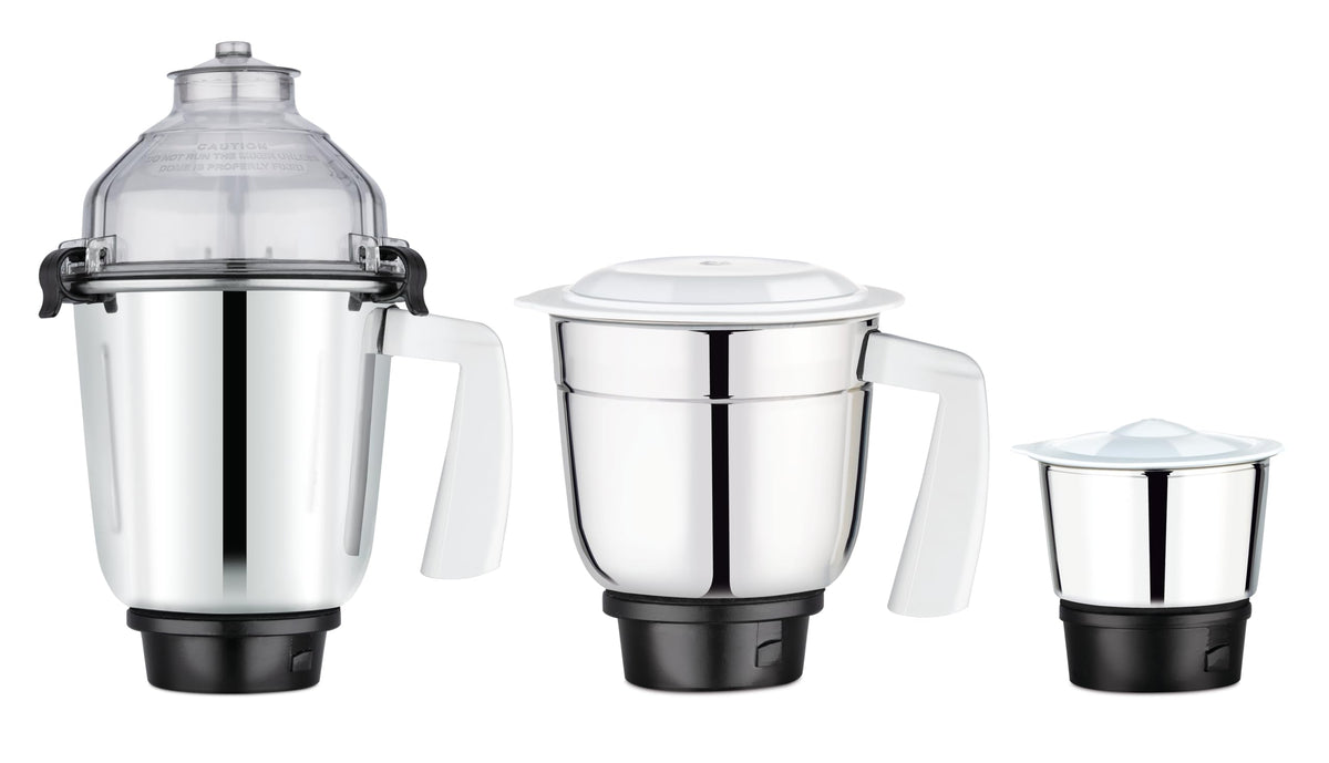 Three stainless steel jars of the Bajaj Twister 410526 mixer grinder: liquidizing jar with dome lid, grinding jar and chutney jar