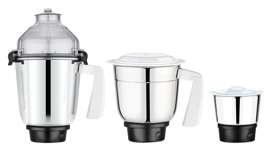 Three stainless steel jars of the Bajaj Twister 410526 mixer grinder: liquidizing jar with dome lid, grinding jar and chutney jar