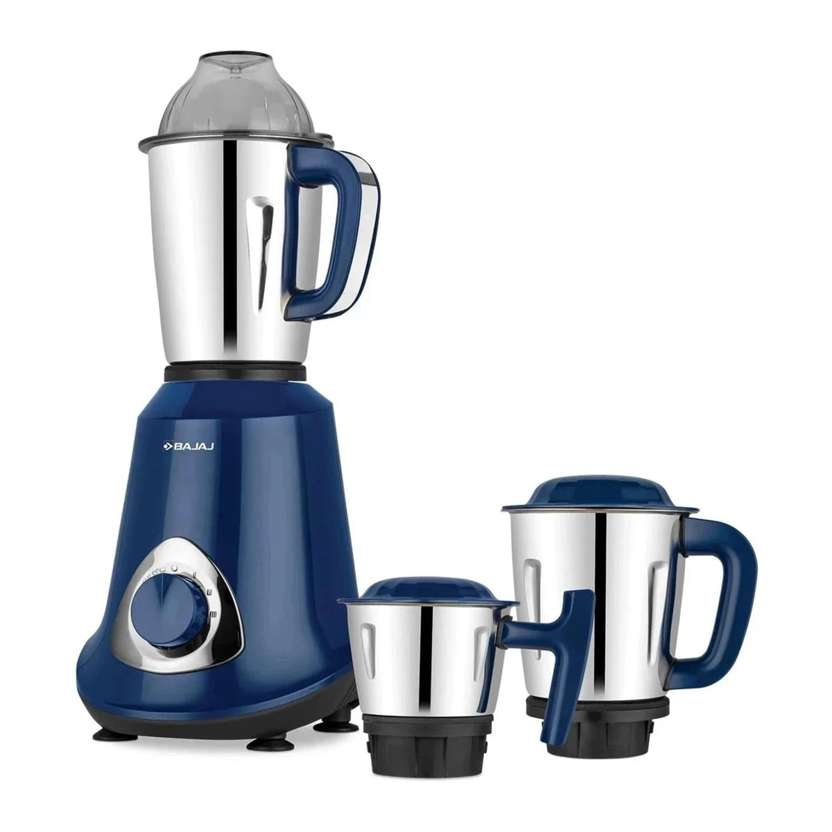 Bajaj Military Series Glamore 800W mixer grinder in Royal Blue with three stainless steel jars beside the base