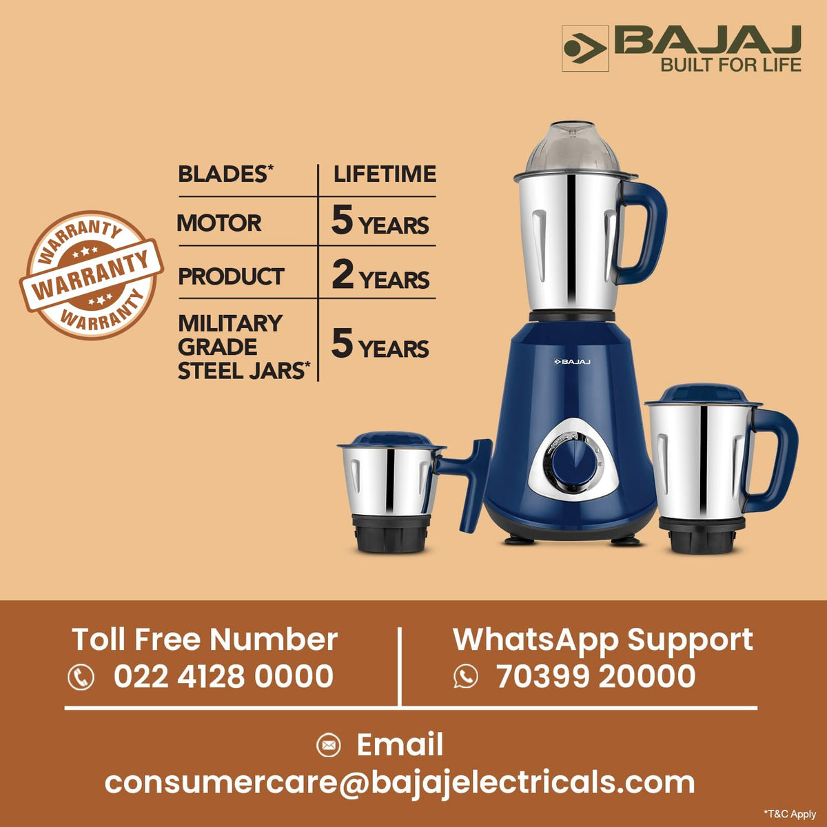 Bajaj Military Series Glamore 800W mixer grinder with warranty details for blades, motor, product and jars
