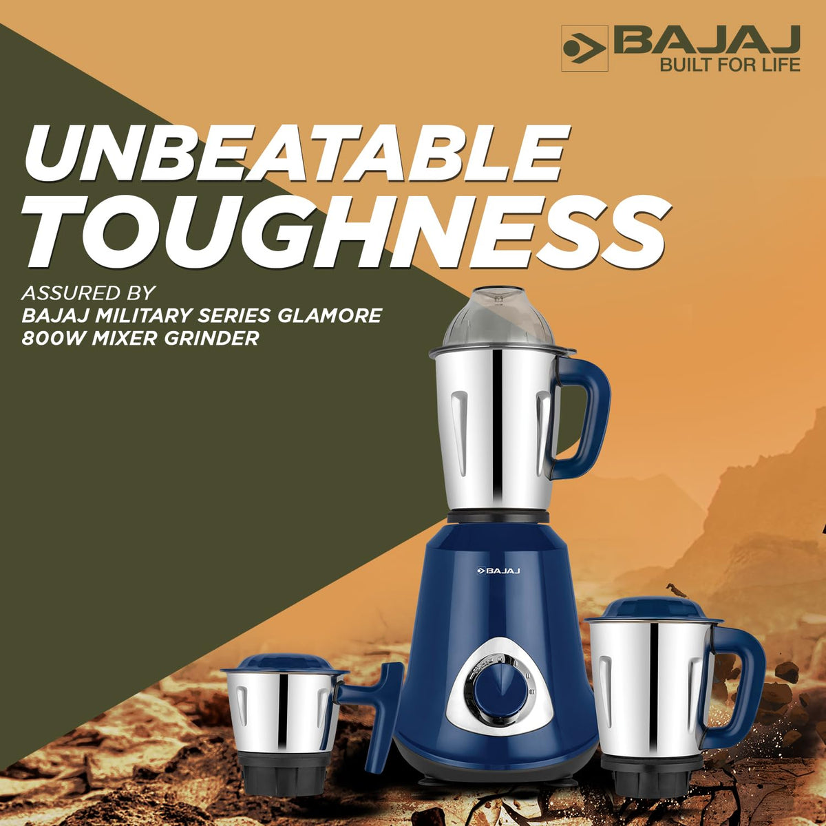 Bajaj Military Series Glamore 800W mixer grinder shown on a rugged desert-themed Unbeatable Toughness banner