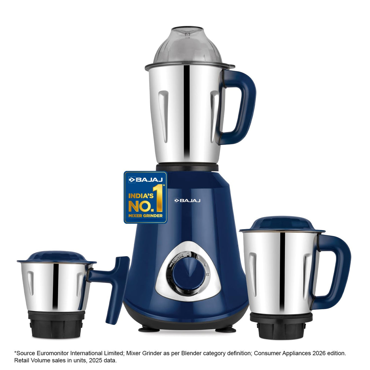 Bajaj Military Series Glamore 800W mixer grinder with three jars and a speed control knob, with India's No.1 mixer grinder badge