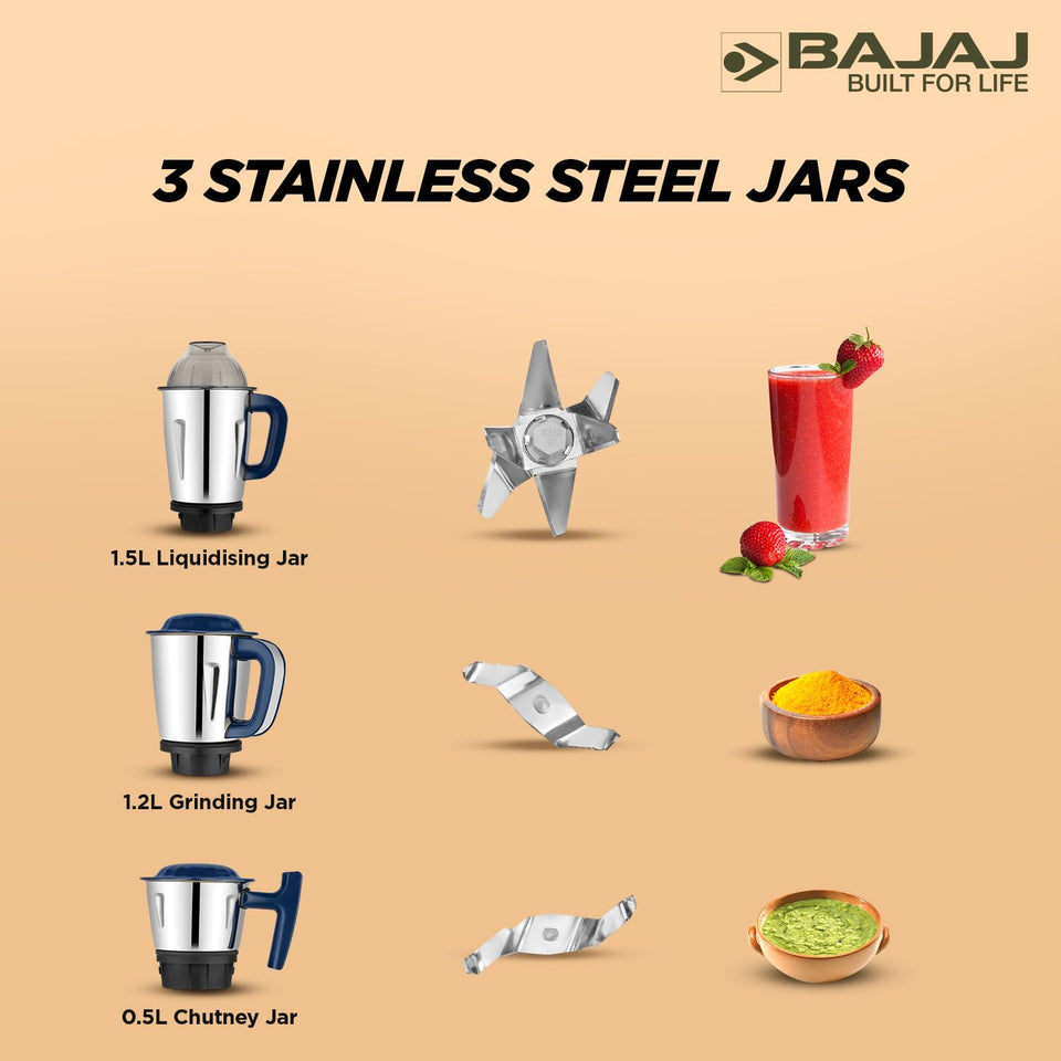Bajaj Military Series Glamore 800W 1.5 L liquidising, 1.2 L grinding and 0.5 L chutney jars with their blades