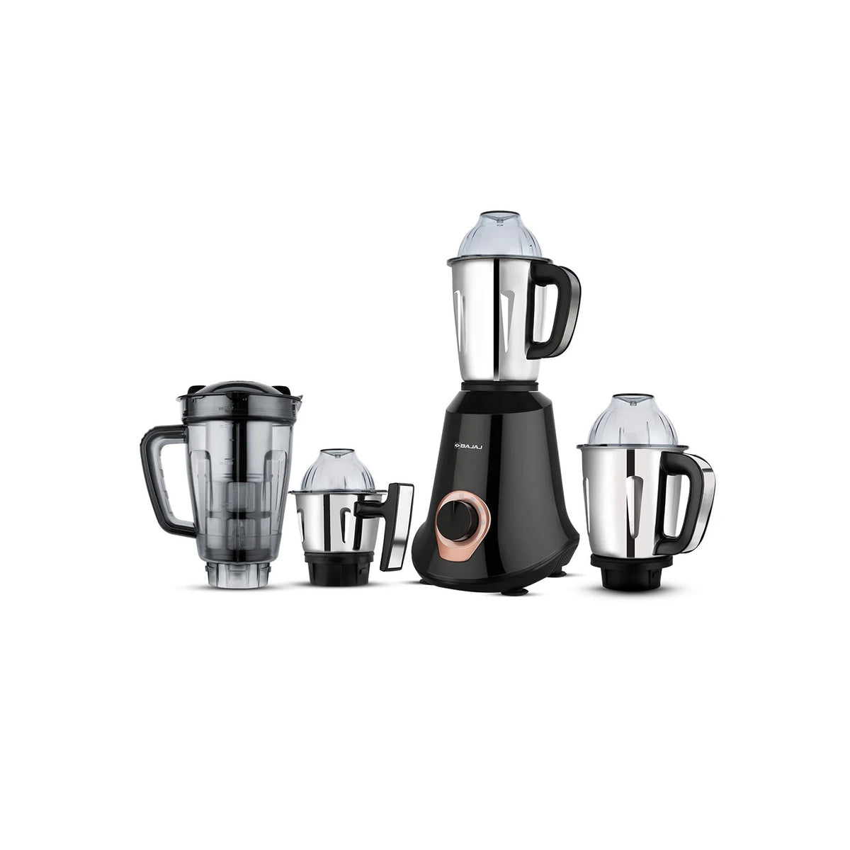 Bajaj Military Series Glamore 1000 W Jet Black mixer grinder with its black base and four jars: one plastic blending jar and three stainless steel jars